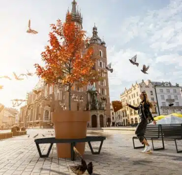Kraków centrum - dziewczyna tańcząca z gołębiami
